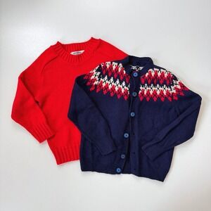 Kids Vintage Bundle Navy Blue Fair Isle Knit Nordic Cardigan Red Size 4T/5T